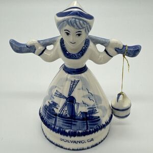 Small Delft Blue & White Porcelain Woman Figurine Bucket Milkmaid 4" Solvang GA